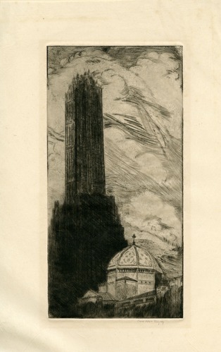 A black and white etching of a tall church on a cloudy day.