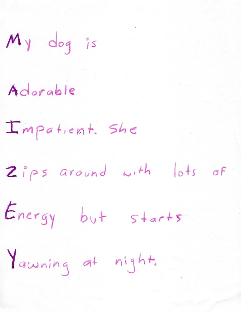Purple crayon on white paper with a poem beginning, "My dog is adorable."