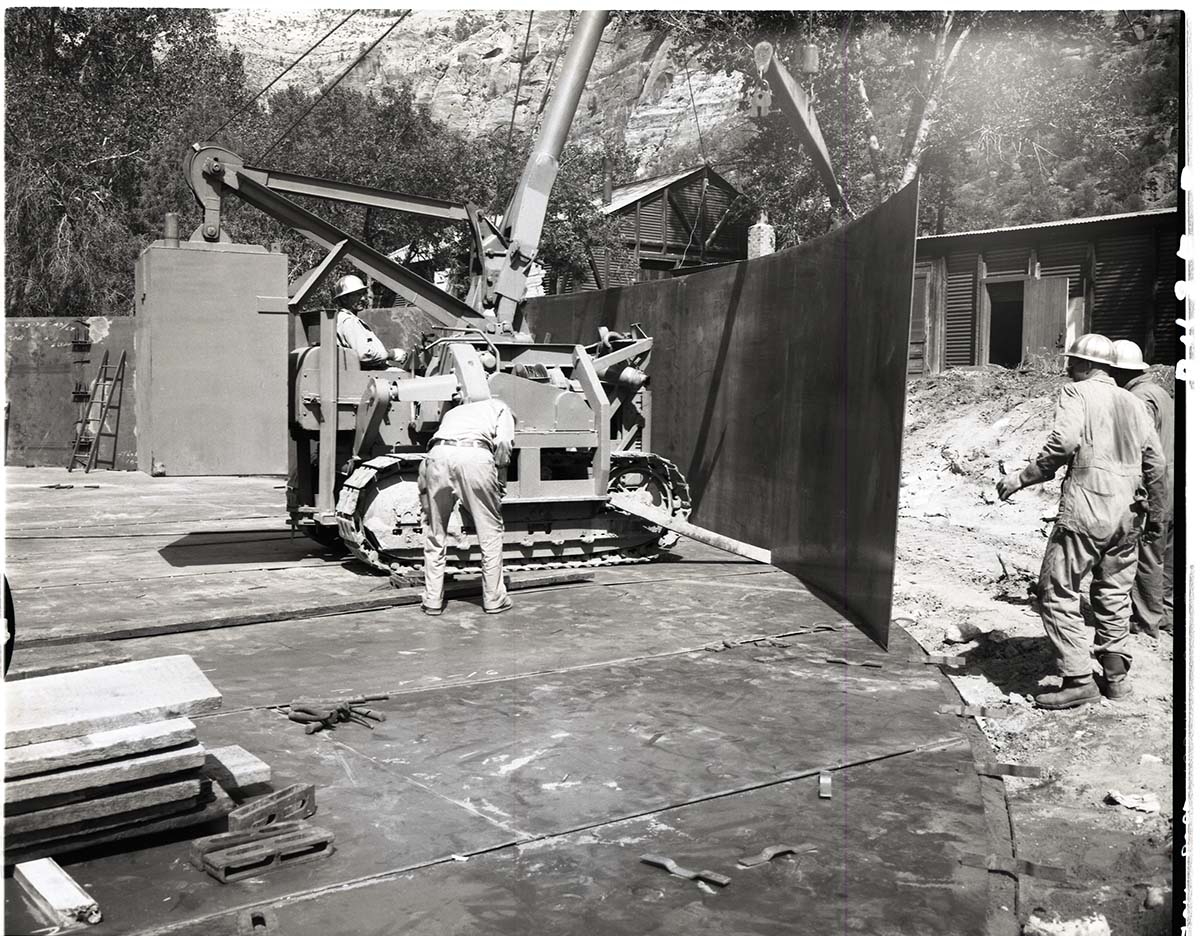 Construction of million gallon water tank at Birch Creek, with 6 sections of steel wall in place.