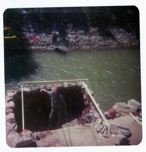 Men working on the emplacement of the new Zion Lodge footbridge.