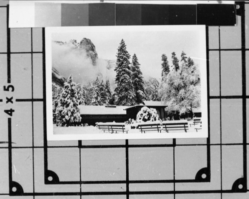 Possibly Yosemite Lodge area - amphitheater. Photo donated by Audrey Harris. [Left: Women's changing room for swimming pool, women's dorm (25 cents/night) in winter. Right: Amphitheater and campfire circle].