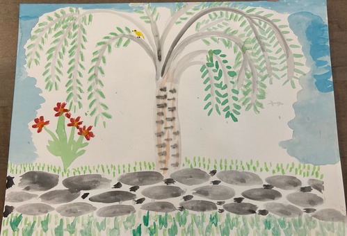 A painting of a tree with a stone wall in front of it.