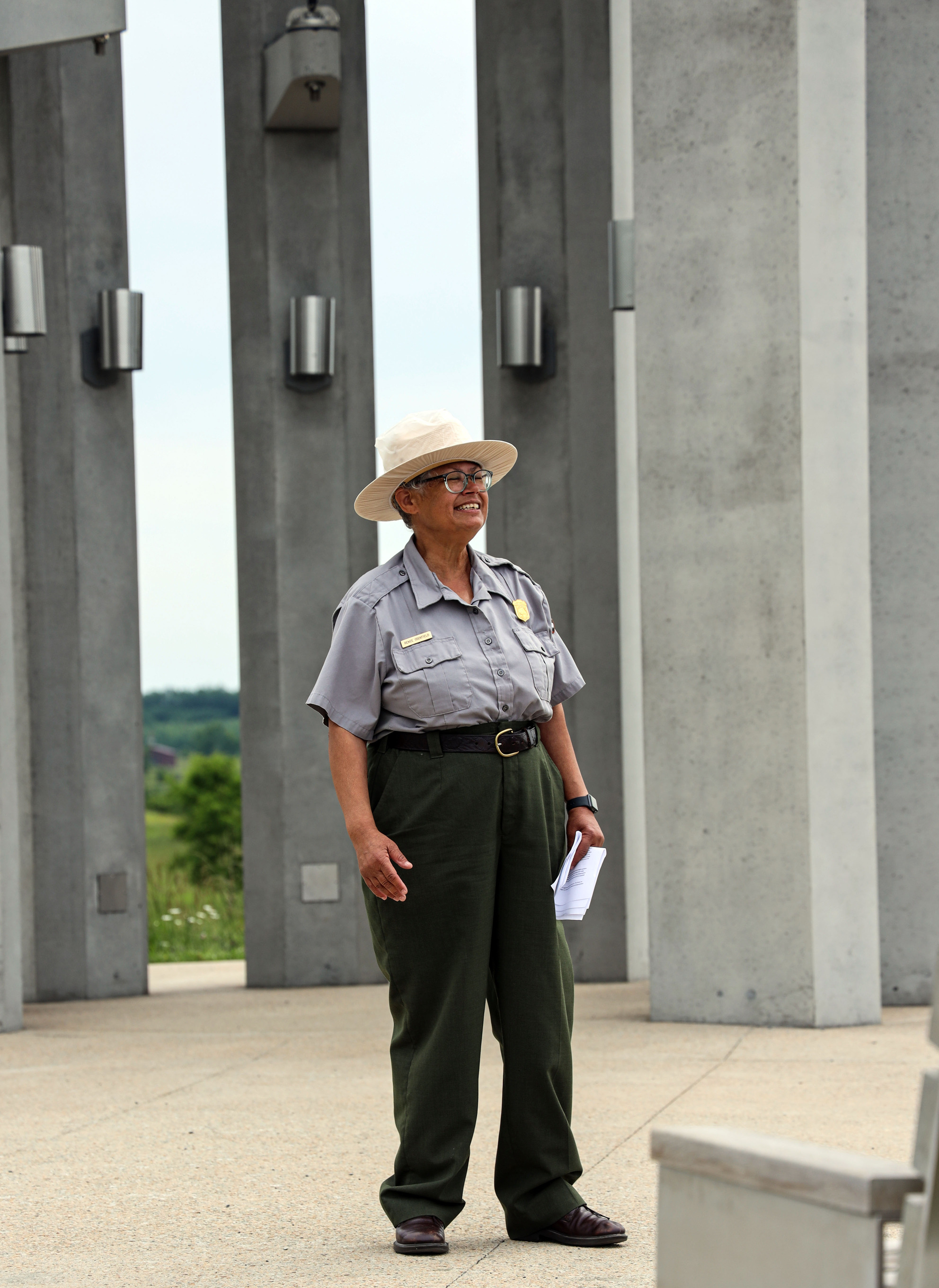 Renee Cockfield is Flight 93 Park Ranger for 2021. She is shown giving a Tower of Voices program to visitors.