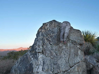 A person blends into a large gneiss rock formation