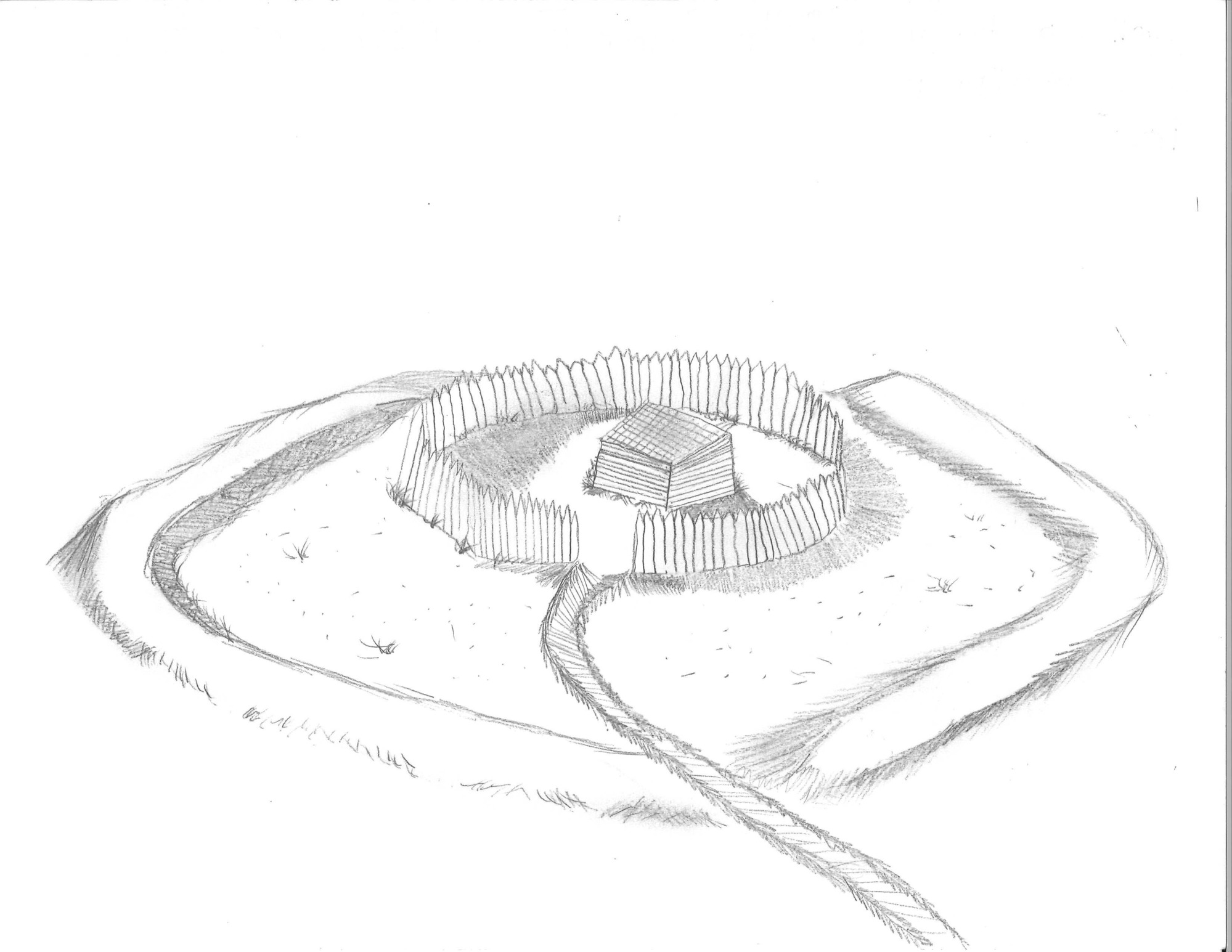 Pencil sketch of Fort Necessity and earthworks from elevated perspective with shading