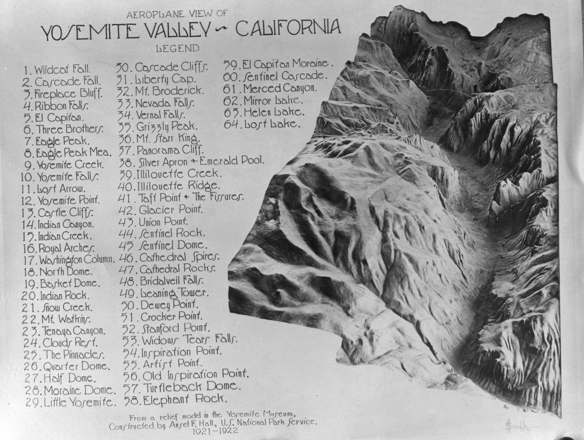 Ansel Hall's relief map of Yosemite Valley. Photo unknown, map by Ansel Hall