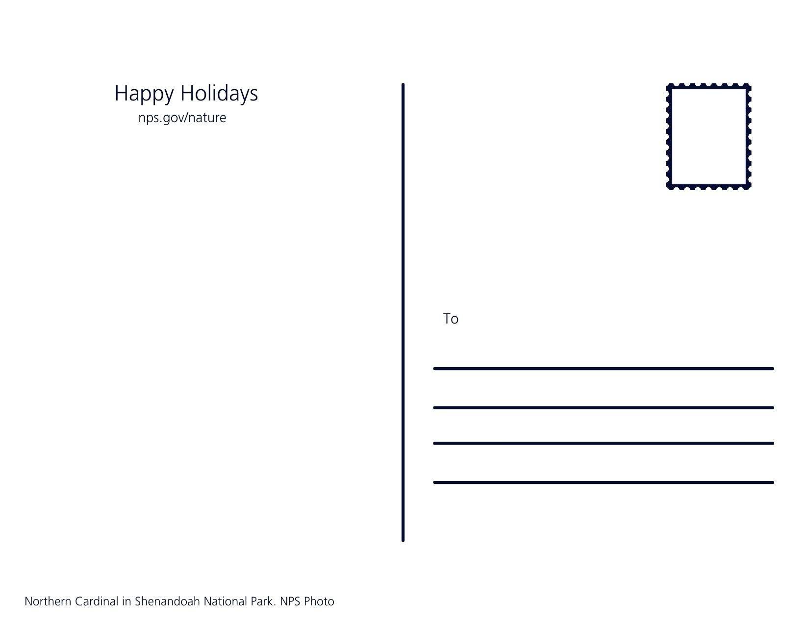 the back of a postcard with text: "Happy Holidays, nps.gov/nature, Northern Cardinal in Shenandoah National Park, NPS"