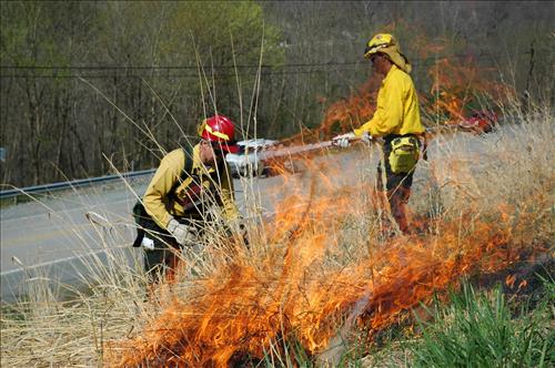 Prescribed fire activities near the Sandstone Visitor Center in New River Gorge National Park and Preserve in January 2007.