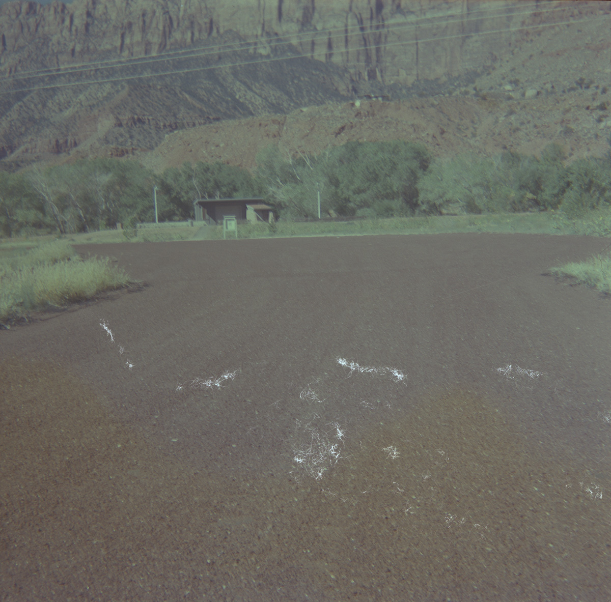 Road leading to building and parking area during chipsealing of Zion roads.