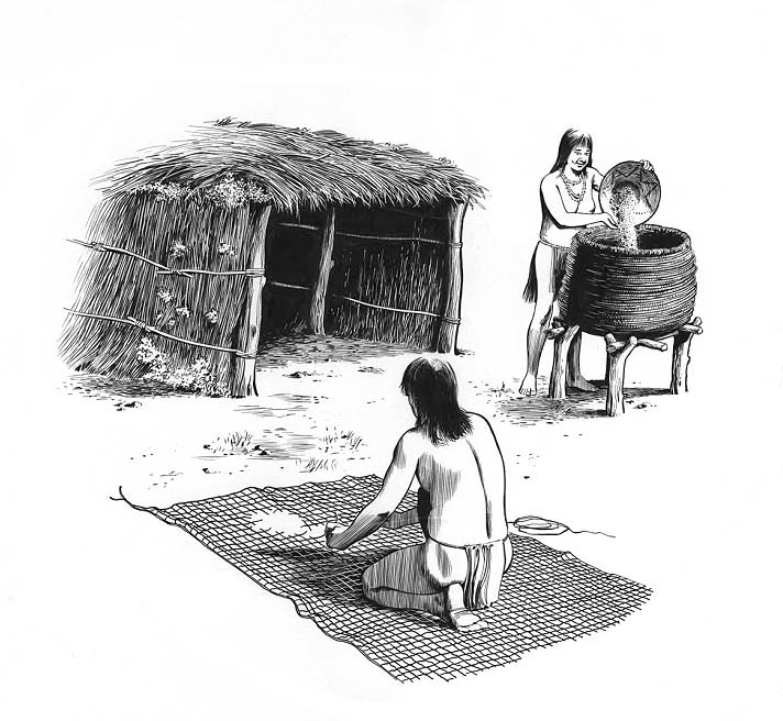 Women in grass lodge handling grain while a man repairs a fishing net.