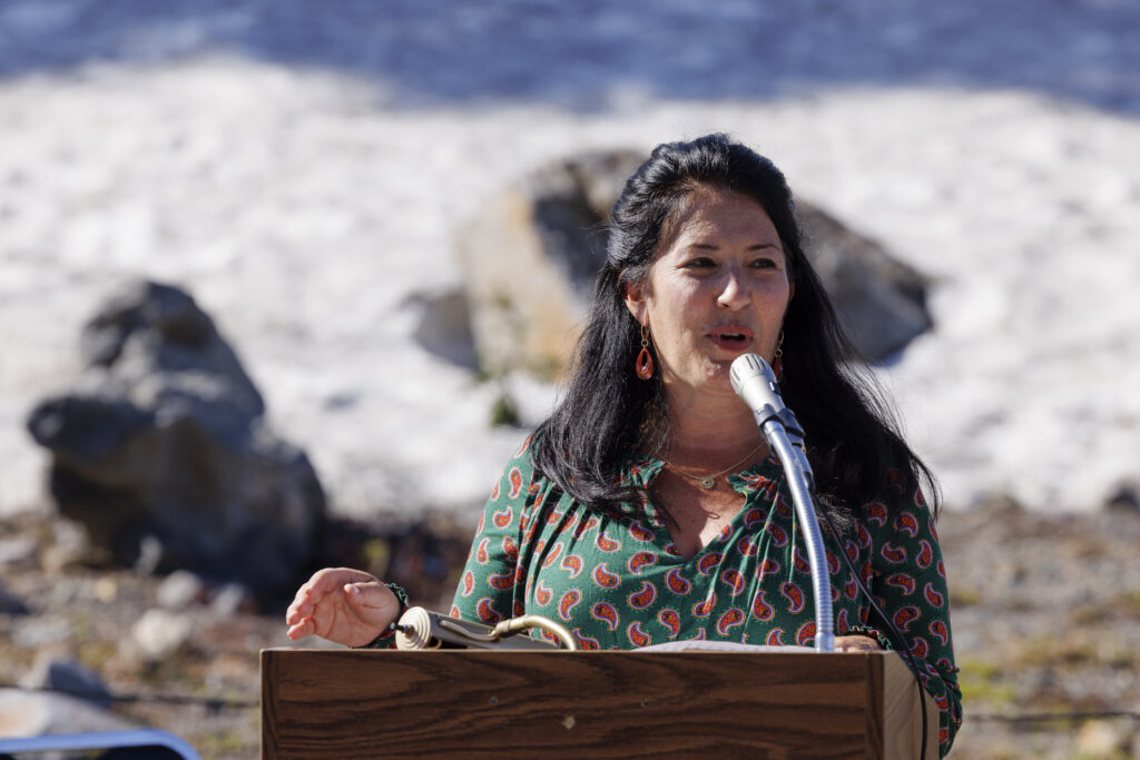 Ada Limon, speaking on a pedestal in front of a snowy backdrop. Crowd is not pictured in the frame.