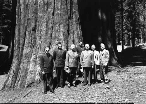 National Commander of American Legion party. LEFT TO RIGHT: Wayne Baldridge, Area Comm.; Edward Hamm, CommFresno Post; Milo J. Warner, Nat'l Comm.; Al Ackers, Yosemite Post Comm.; W. J. Farrell, Department Comm.; J. S. Deutsehle, Aide to Warner; James K. Fisk, Dept. Adjutant.