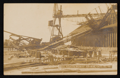 Postcard of steel coal hoist at the Navy Deck knocked down. 