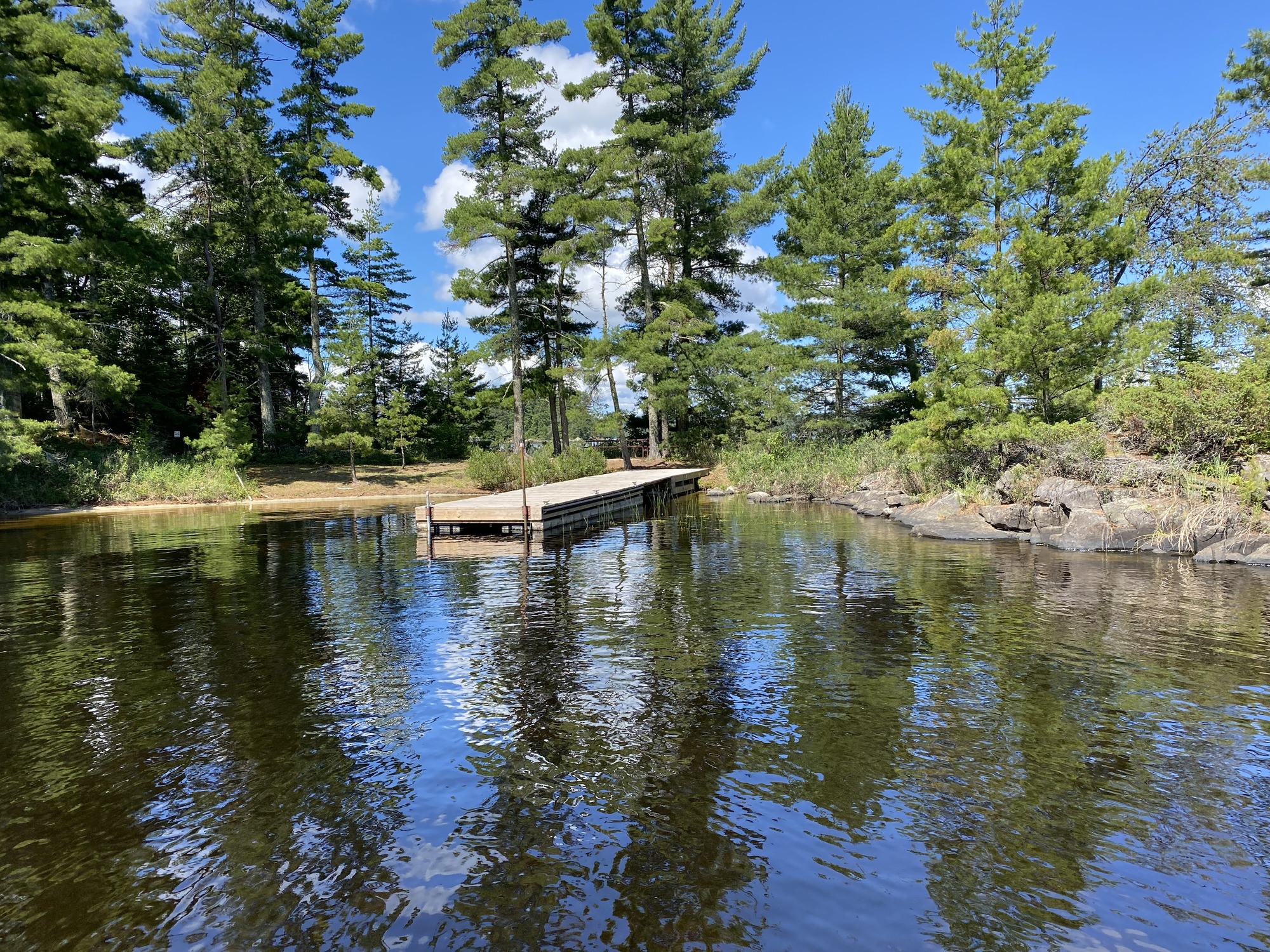 Sunny lakeside with a small wooden dock extending into calm water, evergreen trees lining the shore and reflections.