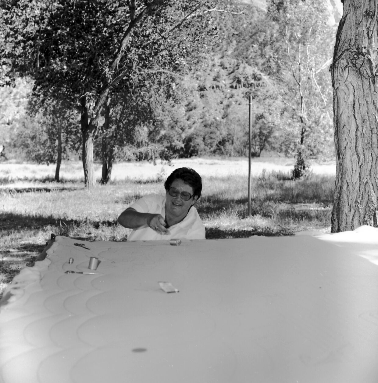 Vilo DeMille's daughter (Rockville, Utah) quilting at third Folklife Festival at the Zion National Park Nature Center, September 1979.