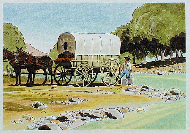 Covered wagon beside Limpia Creek with man filling buckets with water.
