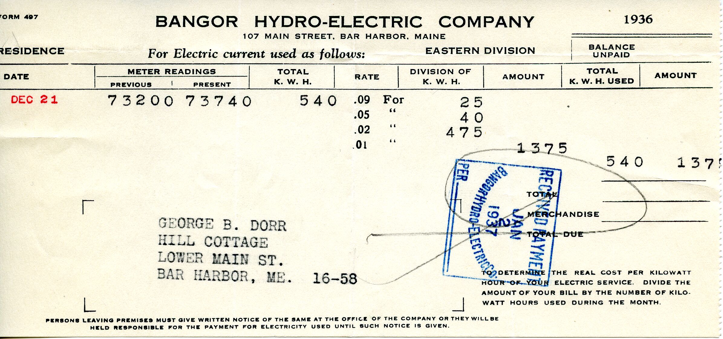 Receipt, BangorHydroElectric to Dorr, January 2, 1937.tif