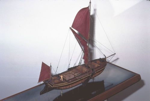 Workshop, tools, and the hull construction of the model of Kathleen (built 1901; spritsail barge), 1968 March-1973 March