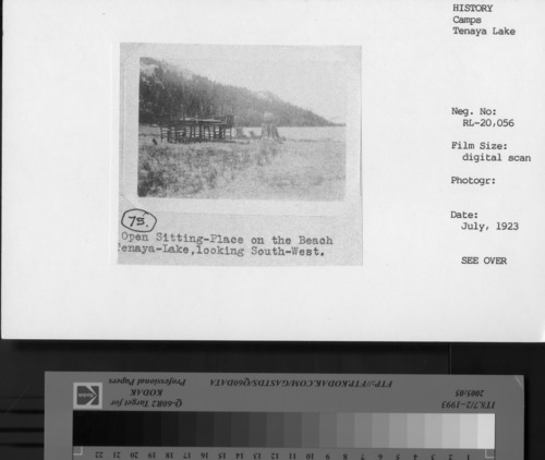 Scanned from insurance appraisal photo books taken prior to concession company merger. July 1923. # 75 Open sitting - Place on the beach of Tenaya Lake, looking South-West.
