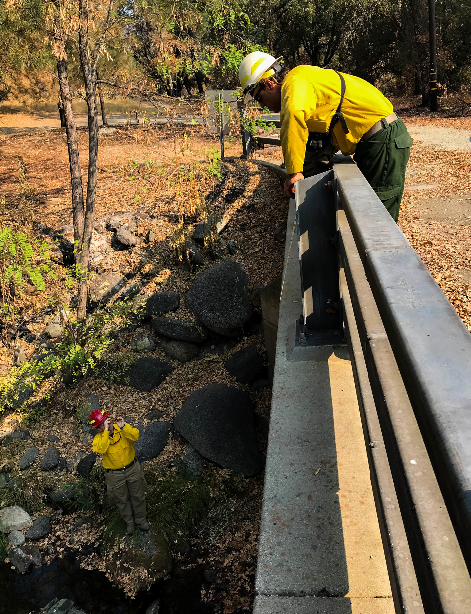 A hydrologist standing next to a creek looking up through a device towards a geologist standing on the bridge above