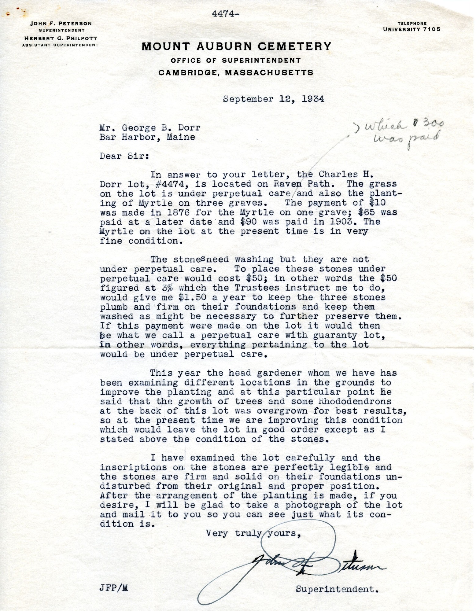 Letter, Peterson to Dorr, September 12, 1934.tif