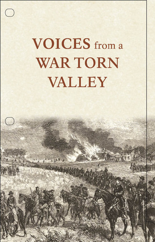An illustrated exhibit flip book cover has a drawing of soldiers at a burning farm under the title Voices from a War Torn Valley. 