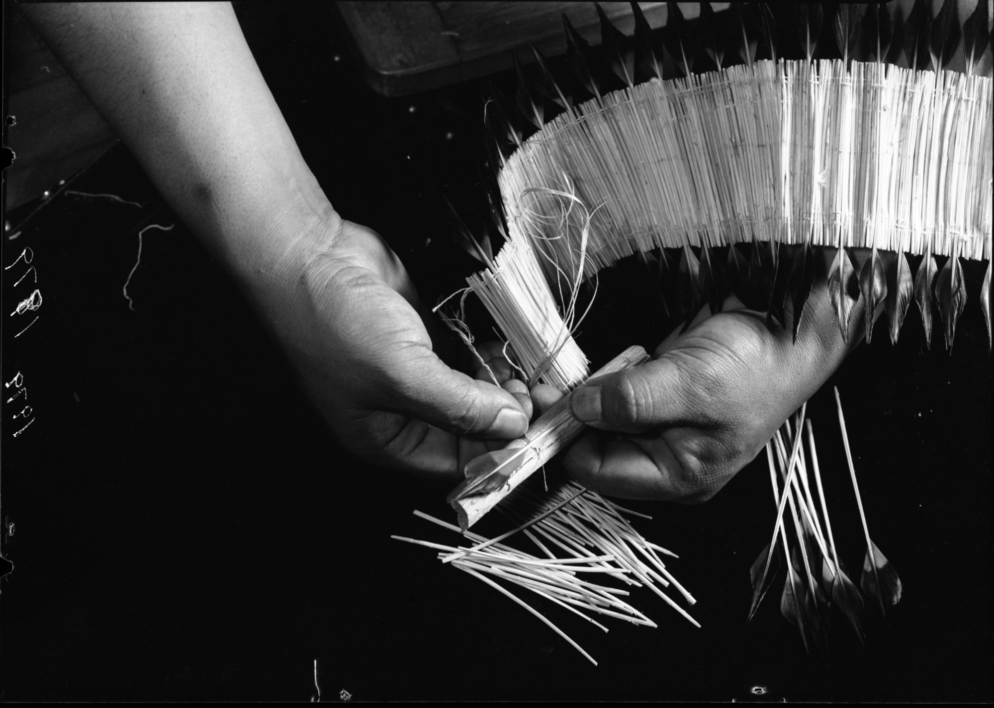 Le-me making flicker feather headdress.