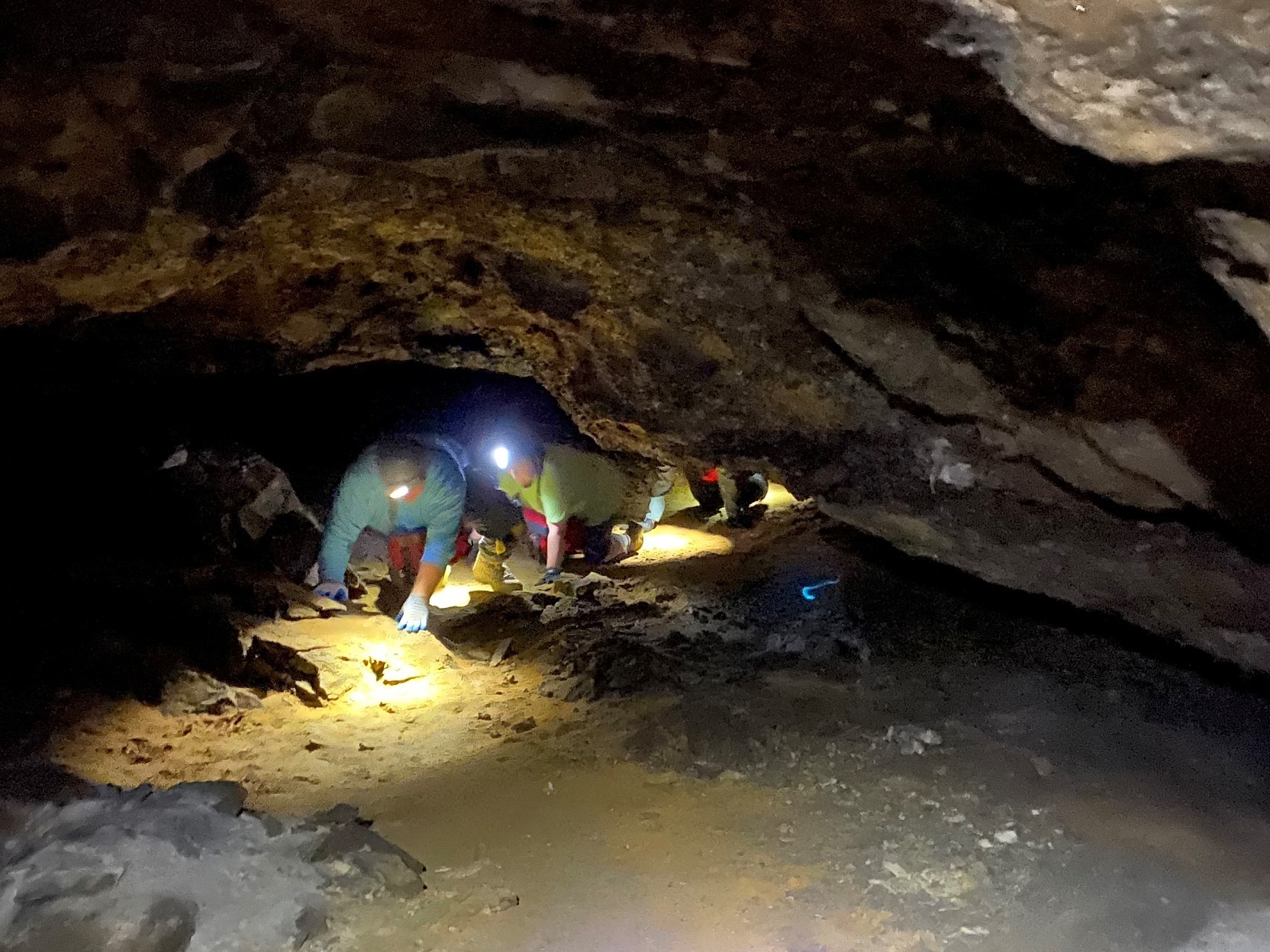 People crawl on their hands and knees through the dirt in a small rocky cave passageway.