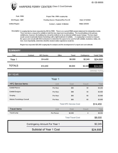 Costs outlined for HFC Exhibit Planner, Exhibit Designer, Scoping, and historic furnishings consult labor hours and travel