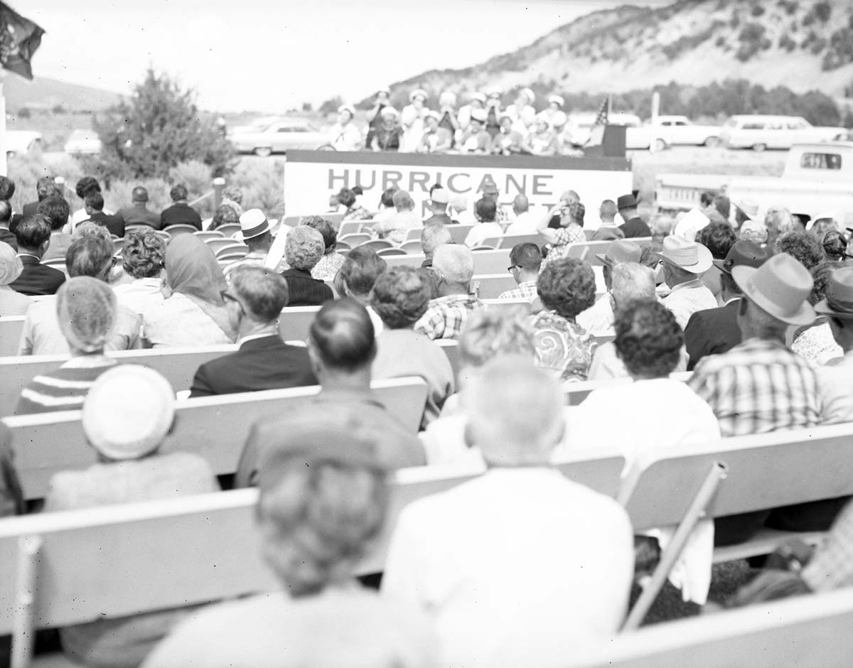 The Hurricane Harmonetts [Harmonettes] directed by Mrs. Laura Ford performing for visitors at the dedication of Taylor Creek road (Kolob Canyons).