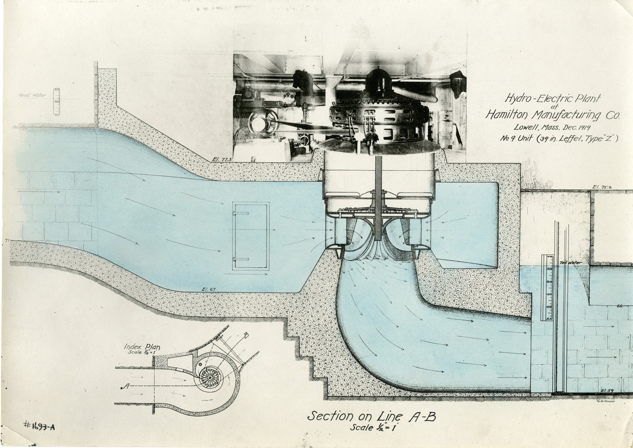 A diagram of water flowing through a hydroelectric plant at the Hamilton Manufacturing Co., Lowell, Massachusetts.
