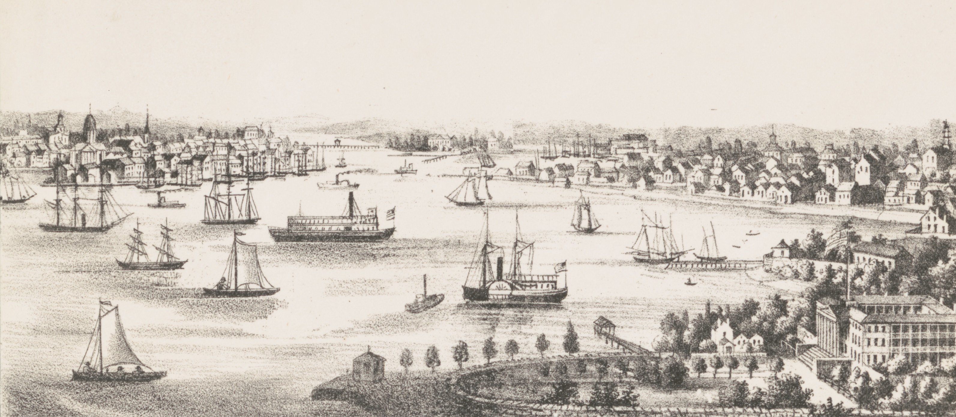 Black and white drawing of Norfolk, Virginia harbor. Various ships are sailing across the water with buildings lining the coastlines.