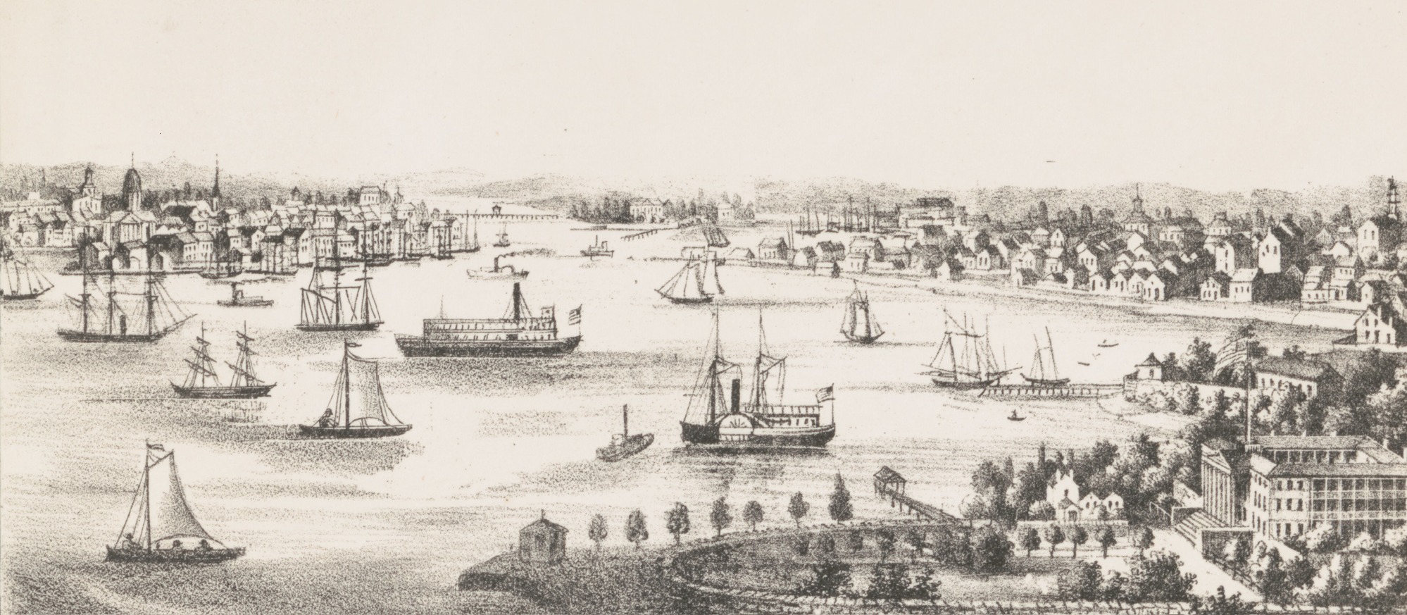 Black and white drawing of Norfolk, Virginia harbor. Various ships are sailing across the water with buildings lining the coastlines. 