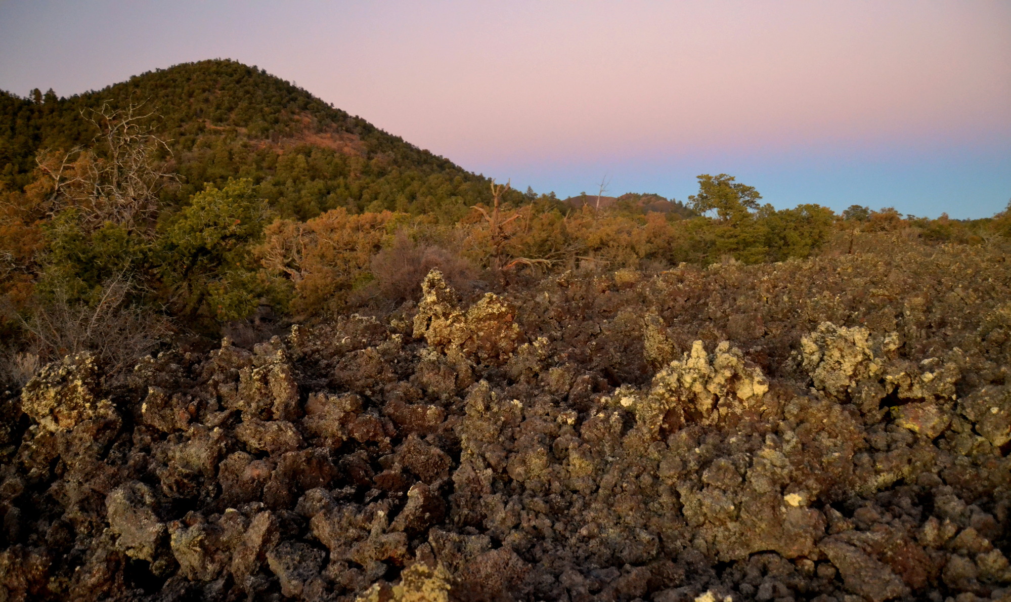 A rounded, conical peak stands behind a jagged line of black rock and shrubs.
