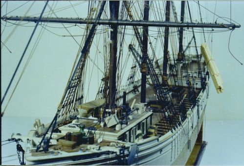 Ron and Jo Dee Cleveland,  Fred Klebingat, Irene, and first shots of the cargo gear for the model of Kohala (built 1901; barkentine, 4m), 1983 March