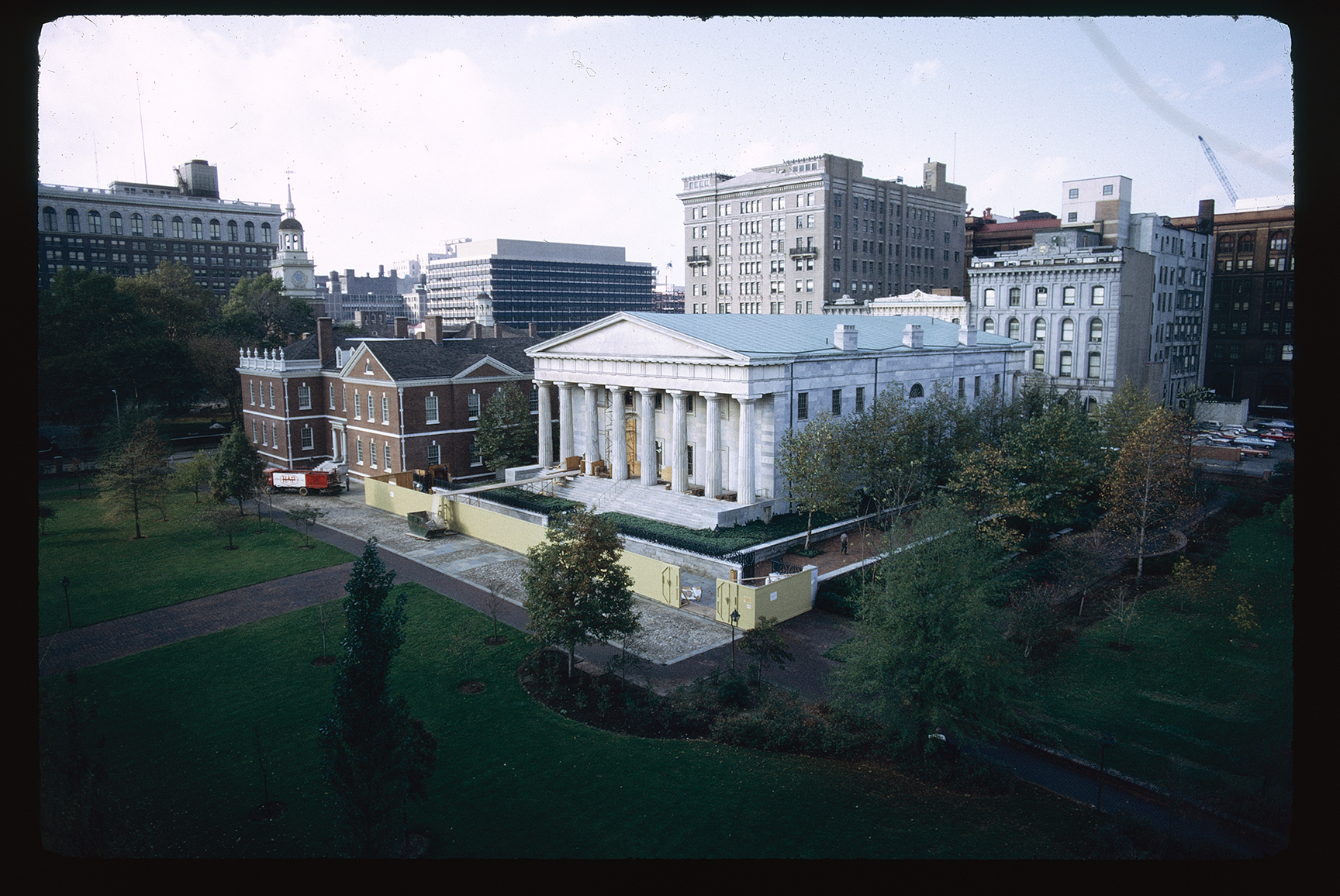 Second Bank of the United States. Exterior. Rear and east side. Low aerial view, looking northwest towards Chestnut Street. Restoration.