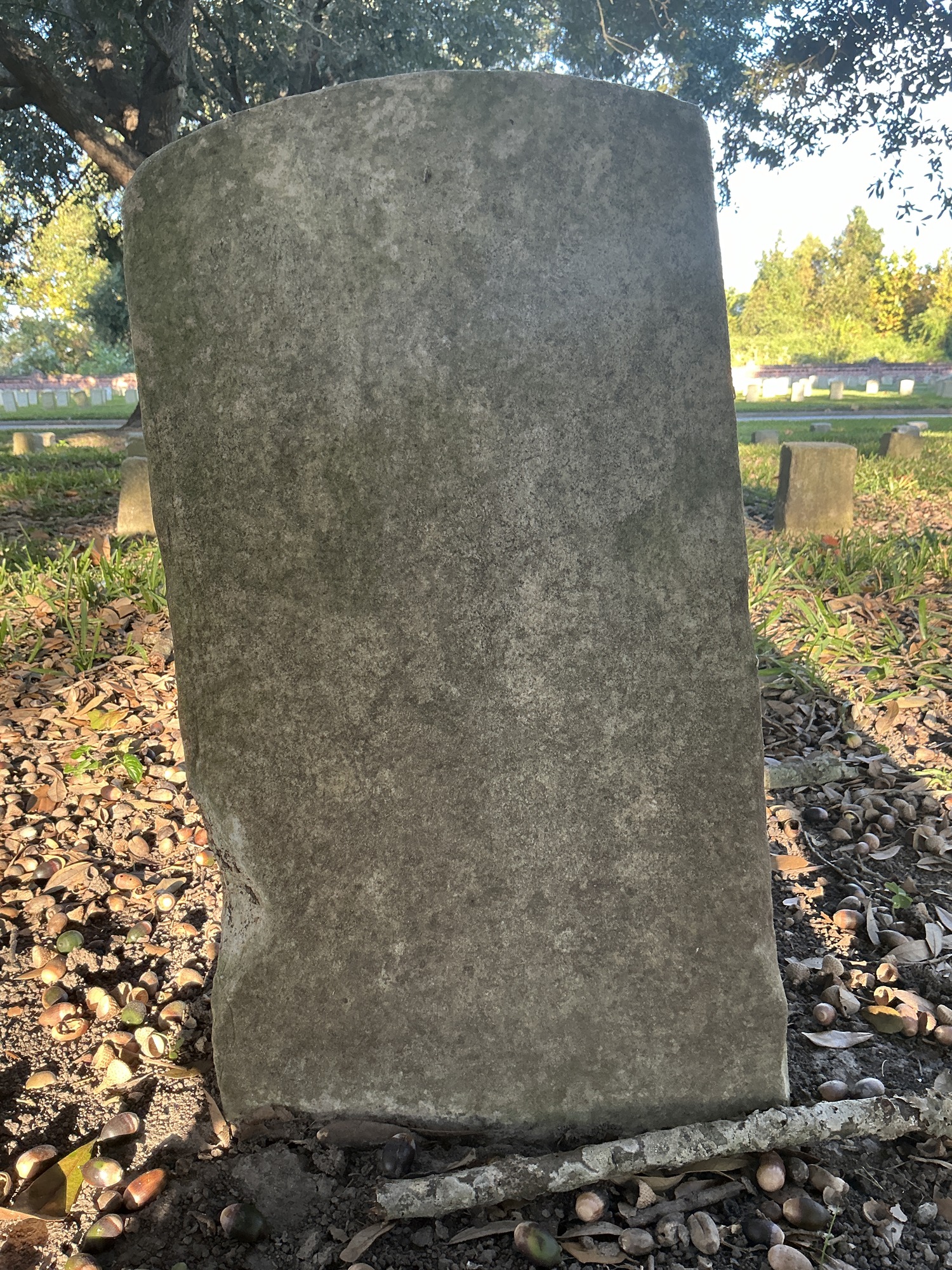 Back of historic upright marble headstone with recessed shield face.