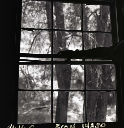 Damage to window men's dorm at Zion Lodge. Superintendent Robert C. Heyder holding window frame.