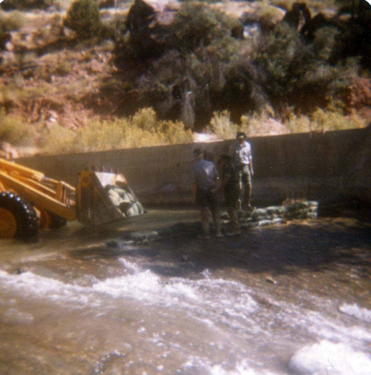 Color photo of the construction/modification of the Canyon Junction spillway on the Virgin River.