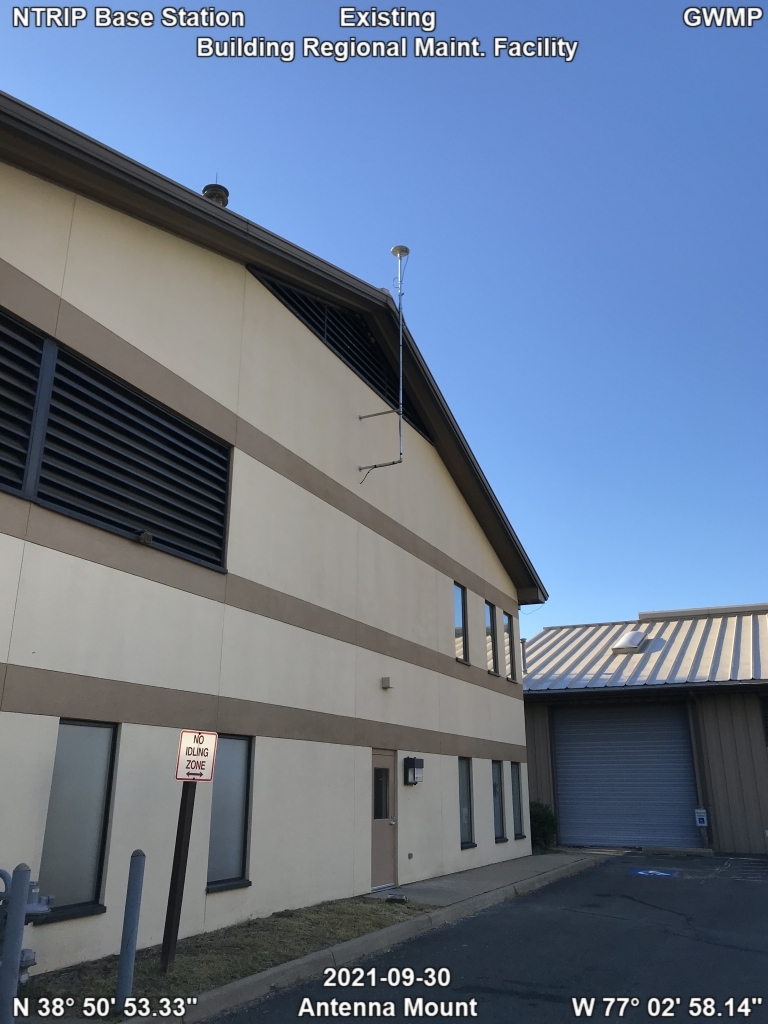 Existing NTRIP base station antenna mount at GWMP regional maintenance facility building. 