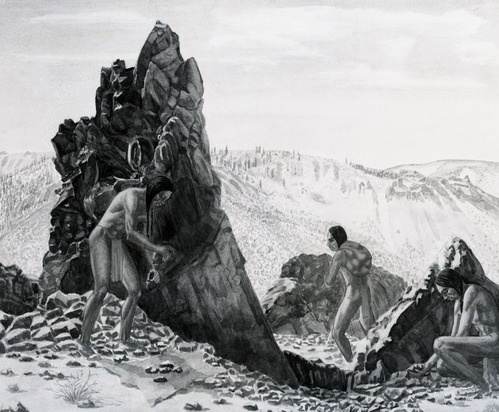 Native Americans quarrying obsidian at Mono Lake craters. Copy of painting by Anderson.
