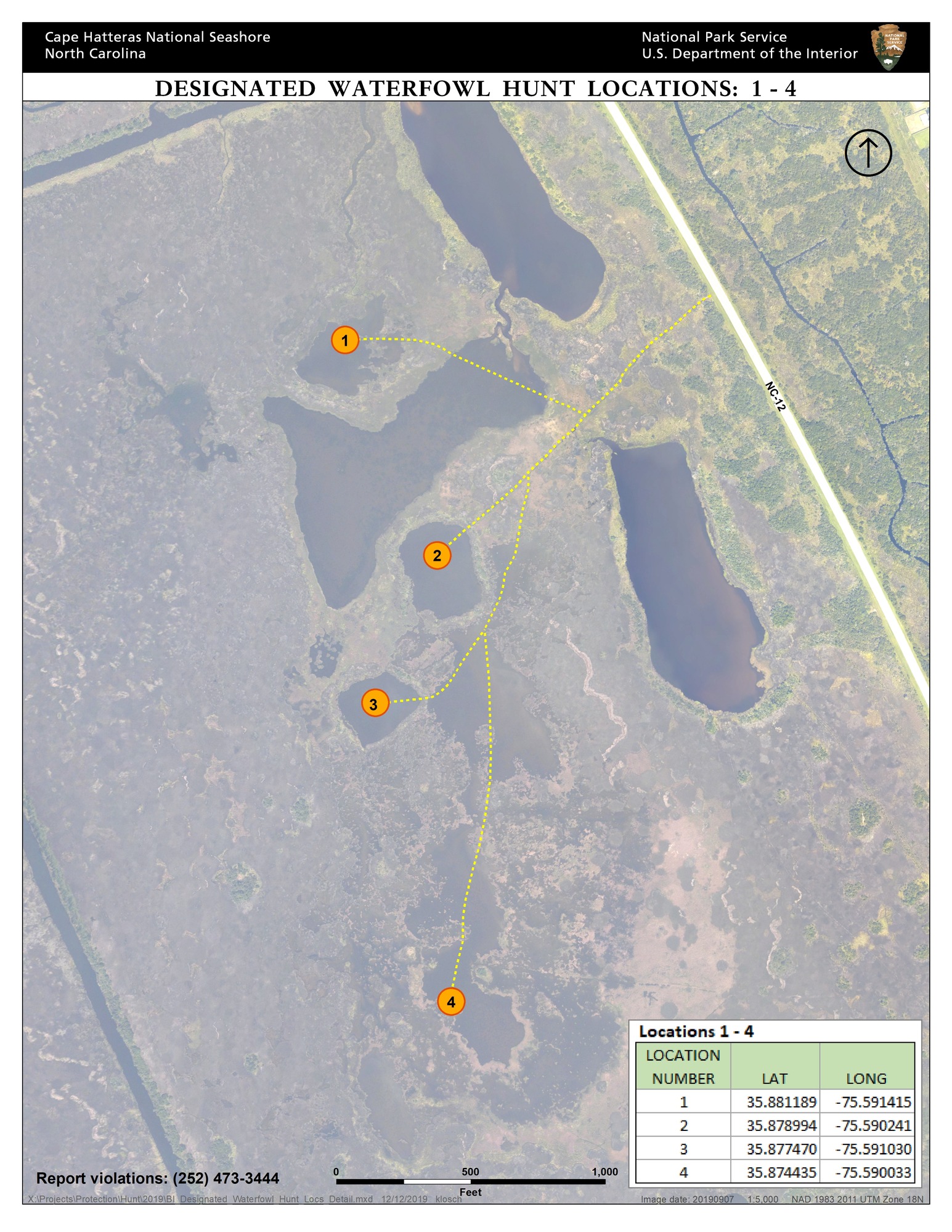 Location map of Bodie Island waterfowl hunt areas 1-4.