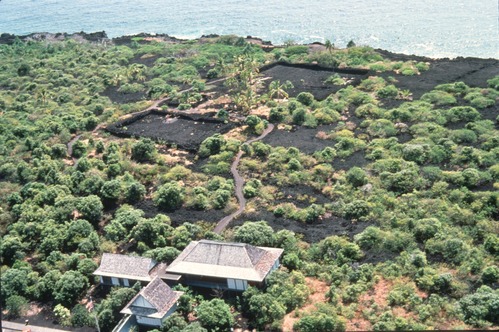 Aerial image of several buildings with a path extending to rectangular structures made of low stone walls at the edge of the ocean