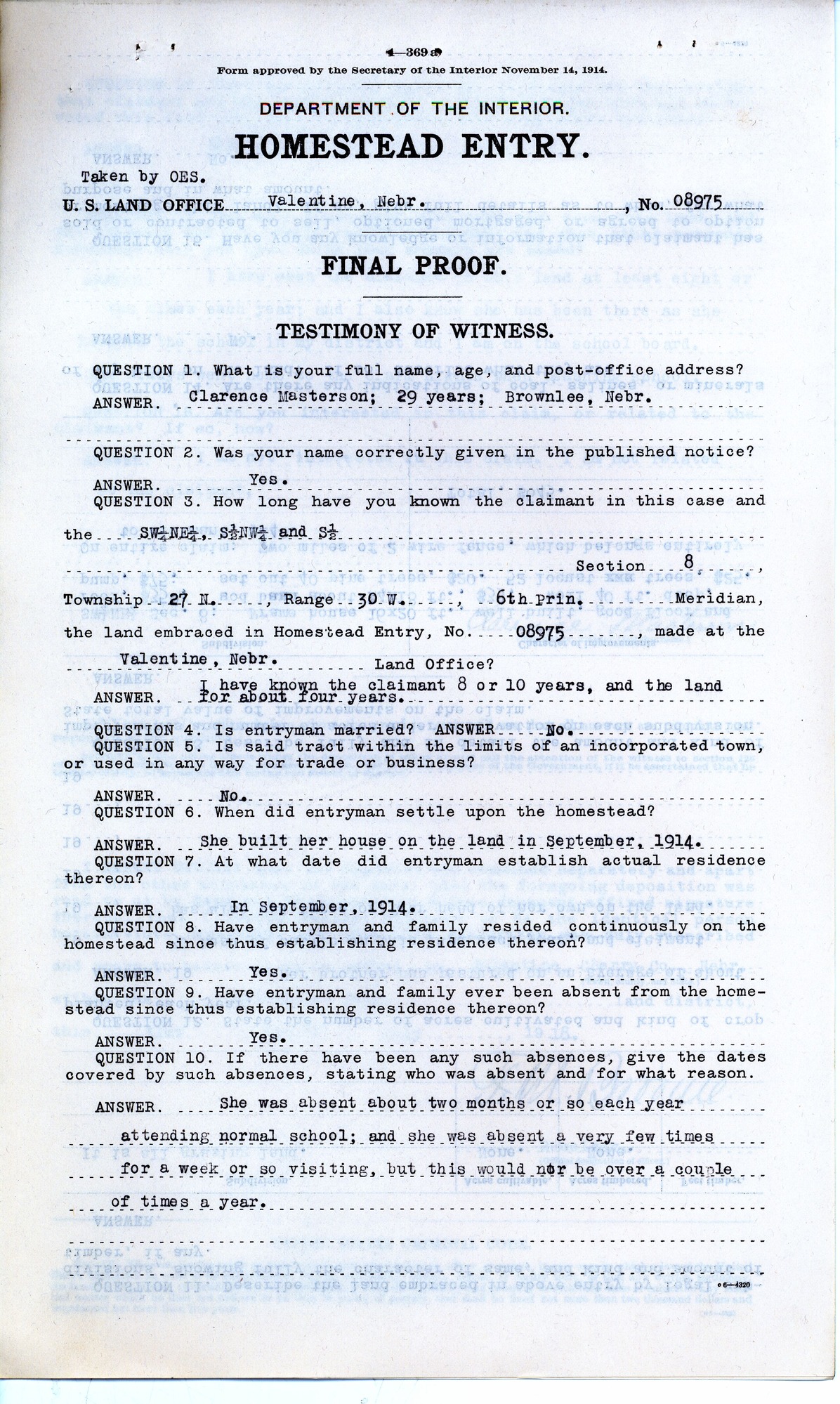 Scanned image of a Homestead final proof witness testimony form. See description for text.