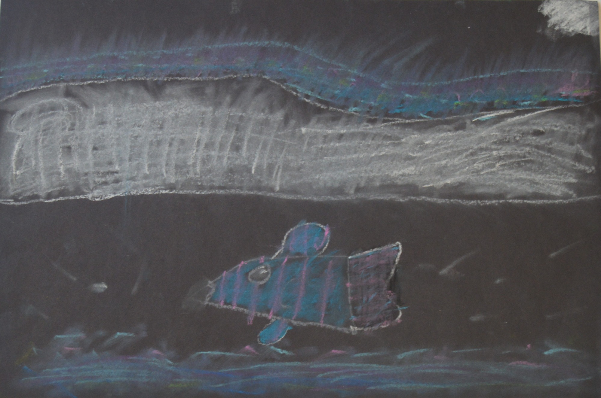  A drawing on black paper of the river with a fish and the surrounding landscape.
