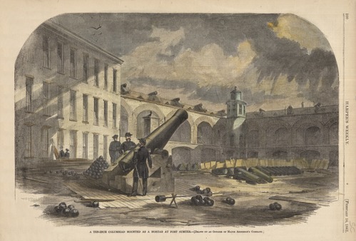 The Fort Sumter parade ground prior to the 12-13 April 1861 bombardment. This illustration was published in Harper's Weekly on February 16, 1861. Maj. Anderson had mounted a 10-inch Columbiad as a mortar.