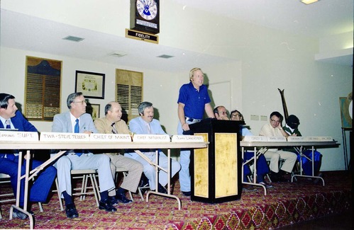 Color Photos of John Lancaster's farewell party at Elks Club in St. George, Utah. Speakers at roast in front of room: Pipe Spring National Monument Superintendent, TWA Steve Tedder, Chief of Maintenance, Chief Naturalist, John Lancaster, Crazy D, Administrative Officer, Cedar Breaks National Monument Superintendent, Chief Ranger, Unknown Skier.