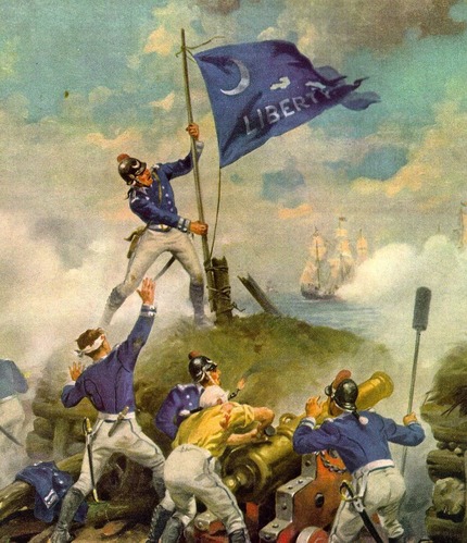 Sergeant William Jasper raises the fallen regimental flag over Fort Moultrie on June 28, 1776.