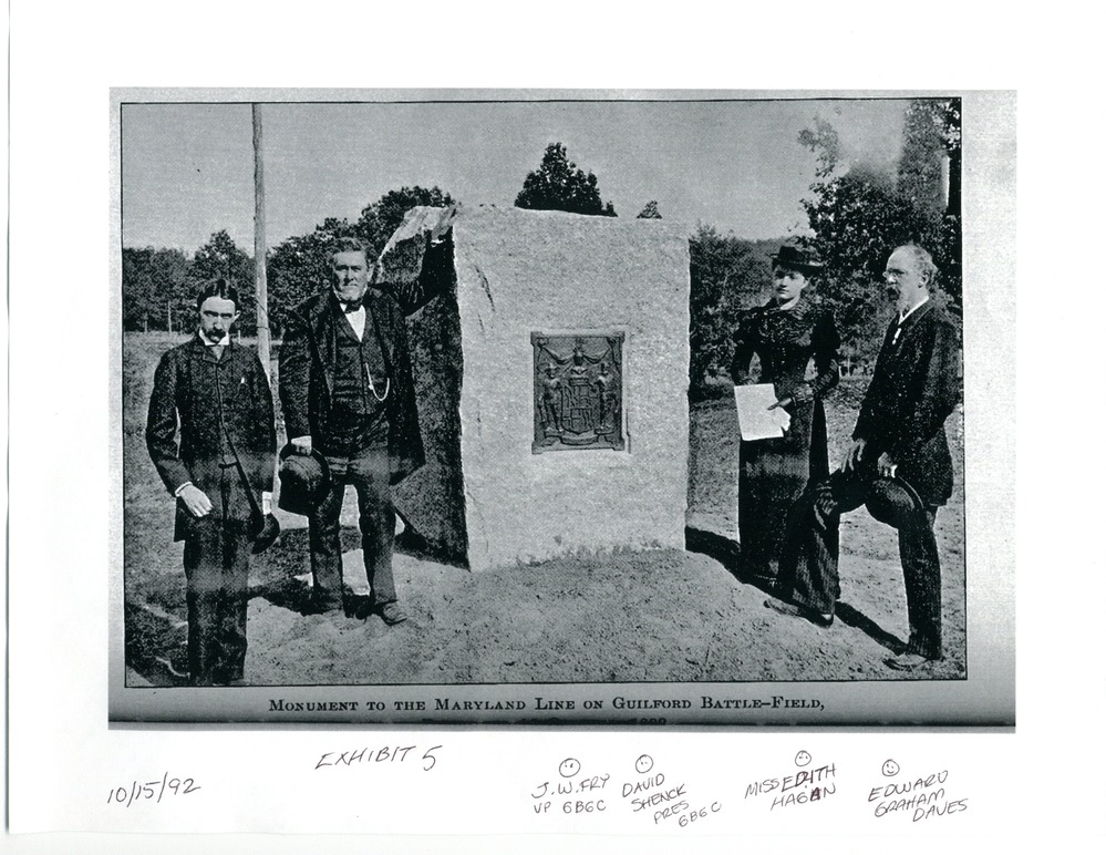 Debut of Maryland Monument October 15th 1892. J.W. Fry, Vice President of Guilford Battleground Company, David Shenck, President of Guilford Battleground Company, Miss. Edith Hagan, and Edward Graham Daves.