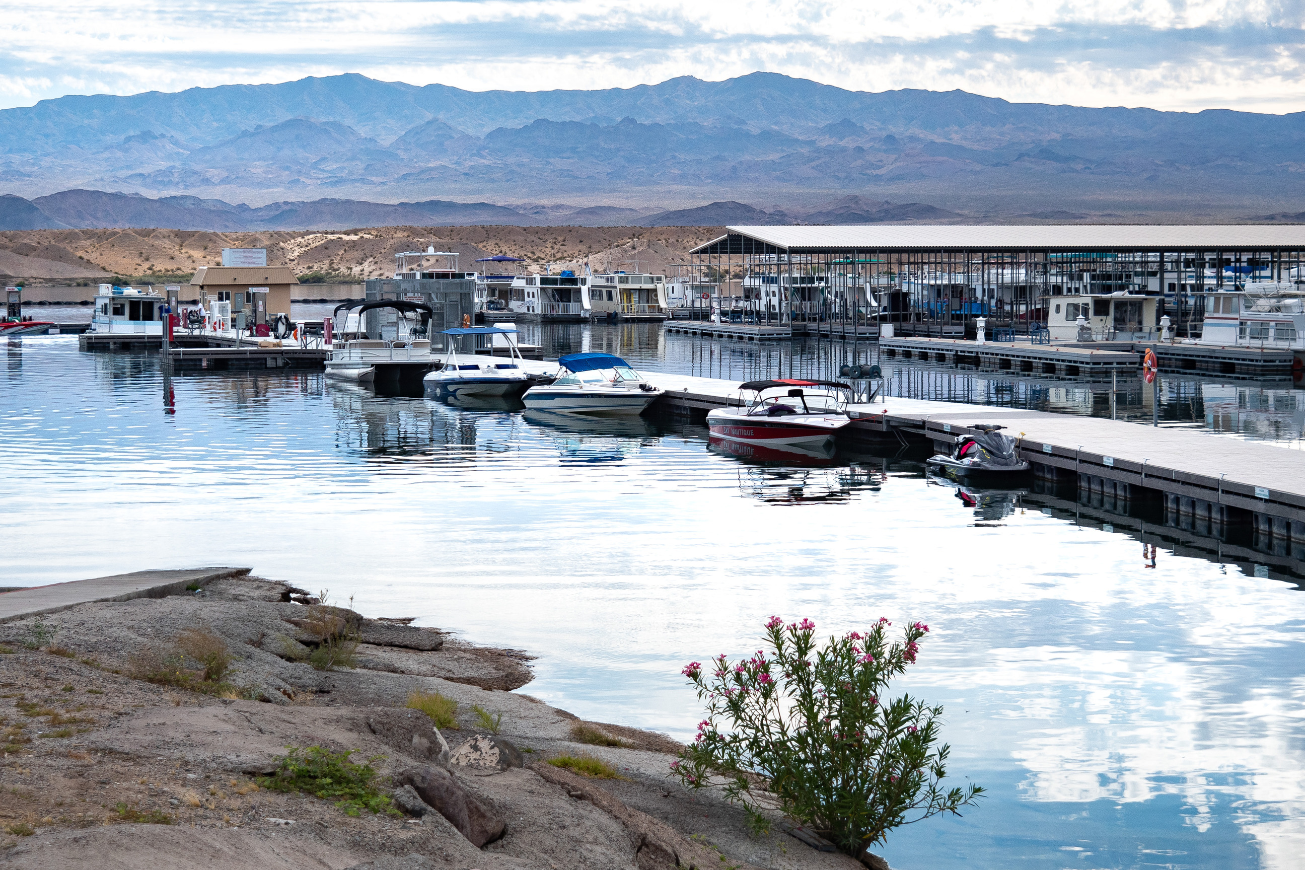 outcrop of layered rock at lower left extends into water, oleander tree lower centered, marina boats along dock, hazy mountains in distance